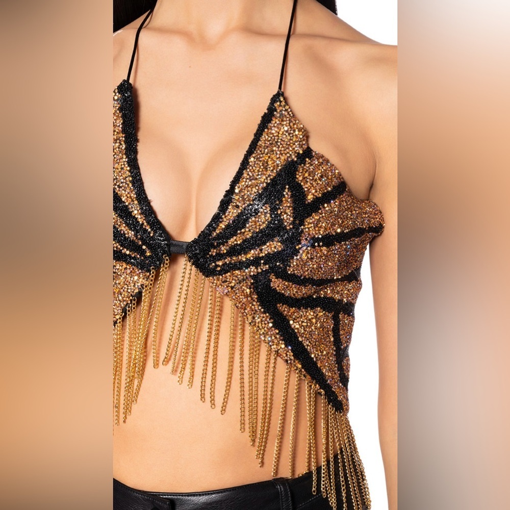 AKIRA Chain Detail Gold and Black Butterfly Beaded Strappy Top Size M / L - Picture 4 of 4